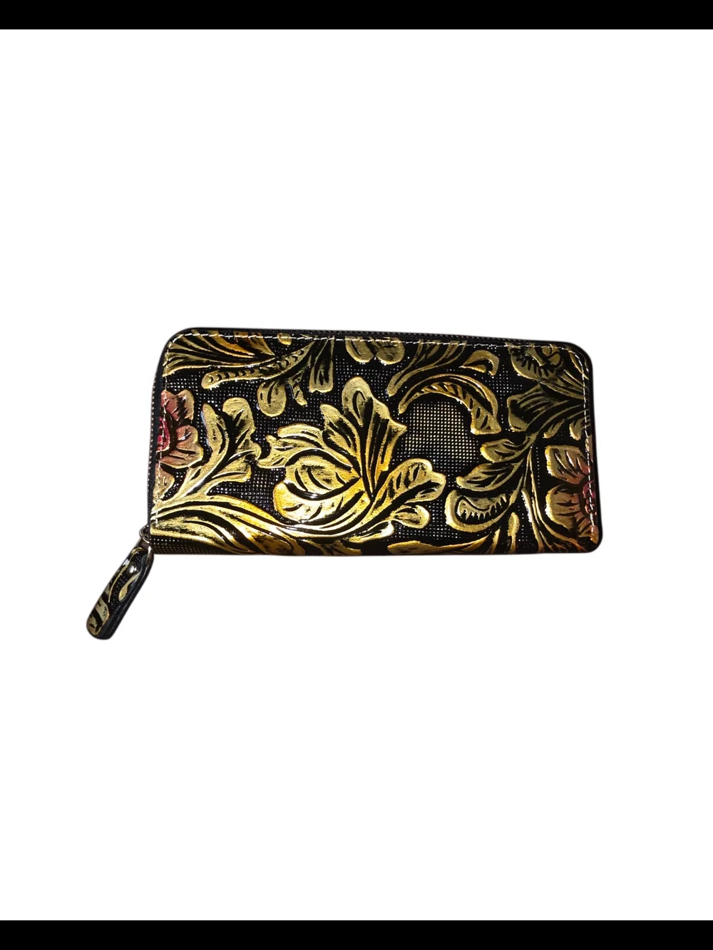 Brand New - Black and Gold Floral Embossed Zip-Around Wallet